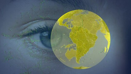 Poster - Animation of networks of connections and globe over eye of caucasian woman