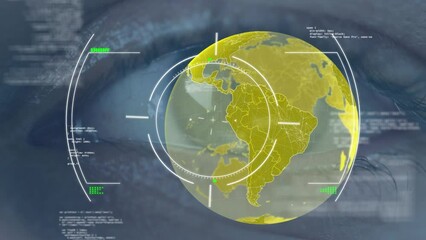Poster - Animation of scope scanning, data processing and globe over eye of caucasian woman