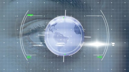 Poster - Animation of scope scanning and globe over eye of caucasian woman