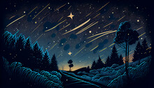 Cartoon Illustration Of A Starry Night Sky, Generative Ai