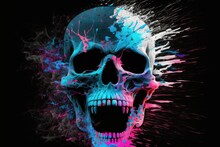 Screaming Dark Glass Skull With Flashes Of Pink And Blue, Captured In The Vaporwave Photography Style And Set On A Black Background. Generative AI