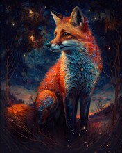  A Painting Of A Fox Sitting In A Field At Night With Stars In The Sky Above It And A Full Moon In The Distance Behind.  Generative Ai