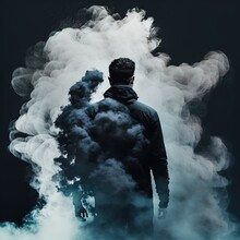  A Man Standing In Front Of A Cloud Of Smoke On A Black Background With A Black Background And A White Smoke Cloud In The Foreground.  Generative Ai