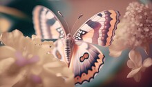  A Close Up Of A Butterfly On A Flower With A Blurry Background Of White And Pink Flowers In The Foreground, With A Blurry Background Of A Blurry Image Of A.  Generative Ai