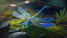  A Blue Dragonfly Sitting On Top Of A Green Moss Covered Ground Next To Rocks And Plants On A Rock Covered Ground Next To A Pond.  Generative Ai