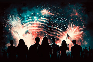 Poster - People celebrating the 4th of July. Flags and fireworks. Generative AI