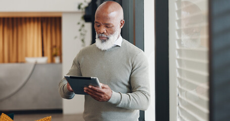 Aufkleber - African businessman, tablet and thinking by window with communication, email or research on internet. Senior black man, strategy and innovation on web, app or schedule planning on calendar in Miami