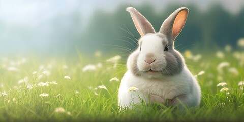 Wall Mural - cute animal pet rabbit or adorable bunny on the grass for easter