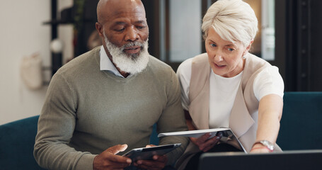 Poster - Business people, tablet and conversation working on report, reading communication or planning startup leadership strategy. Senior man, woman and discussion on digital tech device
