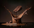 canvas print picture - Chocolate falling into liquid cocoa chocolate. Generative AI