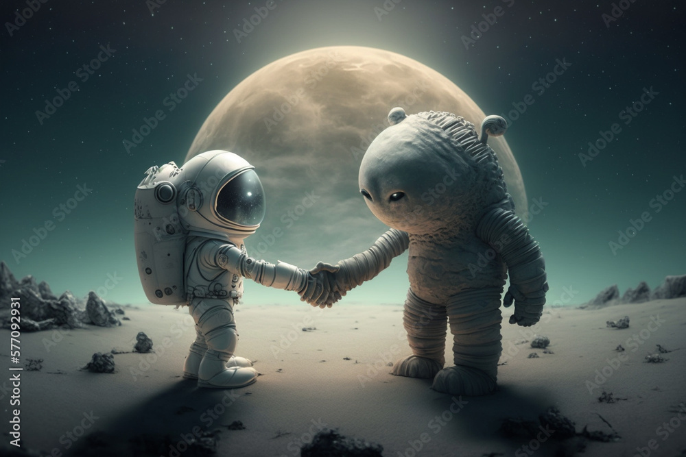 A Friendly Encounter Between Human and Alien with a welcoming hand shake. First Contact between humans and aliens. Ai generated
