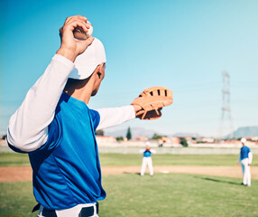 Poster - Sports, pitcher and throwing with man on field for fitness, workout or training for competition match. Cardio, exercise and strike with athlete playing in outdoor stadium for game, practice or action