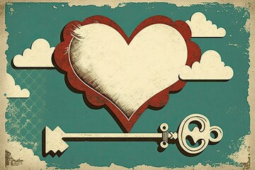 Canvas Print - Valentine's Day background key with a heart symbol, vintage greeting card with a red heart, and a grungy, aged background. Generative AI