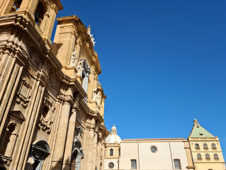 Wall Mural - The cathedral of Marsala is dedicated to Tommaso Becket and is a place of worship from the Byzantine-Arab era, later enlarged in the Aragonese style.