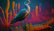  A Bird Is Standing On A Log In The Water With Corals In The Background And A Blue Sky In The Foreground, With A Red And Orange Hued Background.  Generative Ai