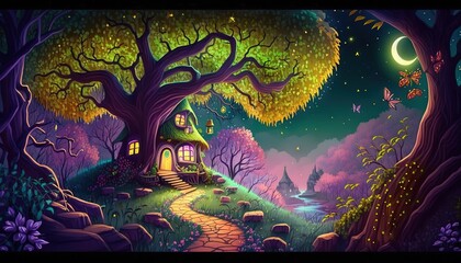  a painting of a house in the woods at night with a full moon in the sky and a pathway leading to the entrance to the house.  generative ai