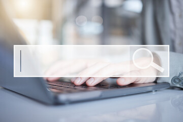 Poster - Hands, laptop and search bar for research, question or query on information, data or knowledge at the office desk. Hand of employee browsing on computer for online lookup, inquiry or IoT on mockup