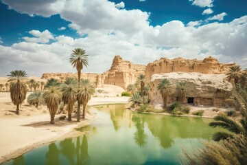 Wall Mural - Cloudy daytime at the Egyptian tourist attraction of the Siwa oasis, featuring green palm trees and a backdrop of ancient limestone mountains. Generative AI