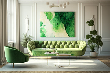 bright large living room with green couch. modern interior design. space beige background for mockup