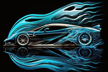 Poster - quickest racing automobile on an abstract background of aquatic life. Generative AI