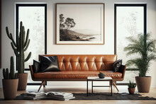 Living Room Have Leather Sofa And Decoration Minimal On White Wall. Idea For Design. AI