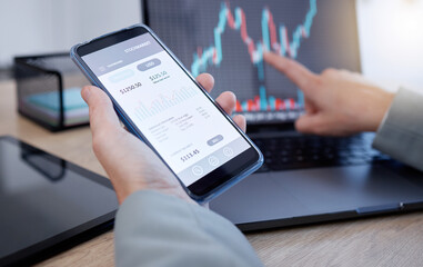 Poster - Hands, phone and laptop in trading for cryptocurrency, NFT or blockchain monitoring candle stick chart of investment. Hand of trader or broker with smartphone app on stock market for ecommerce