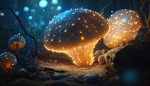  A Group Of Glowing Mushrooms Sitting On Top Of A Field Of Dirt And Grass Next To Rocks And Trees With Lights Shining On The Tops Of Them.  Generative Ai