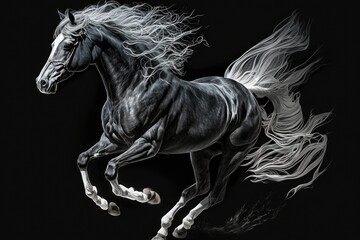 Poster - The large, prancing offspring of a Friesian and an Andalusian horse is shown here from above, against a dark background. Generative AI