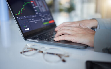 Aufkleber - Hands, laptop and typing in trading for cryptocurrency, NFT or blockchain monitoring, chart or profit of investment. Hand of trader, investor or broker with computer on stock market for ecommerce