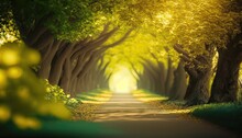  A Tree Lined Road Is Shown In This Artistic Photo Of A Tree Lined Road In The Middle Of The Forest With Sunlight Coming Through The Trees.  Generative Ai