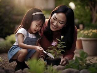 Asian mother and young daughter gardening together, smiling and having fun planting a flower in the garden.  Illustration created with Generative AI technology.