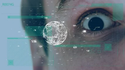 Poster - Animation of globe and data processing over eye of caucasian man