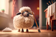 Little sheep cleaning its house with broom and cleaning tools