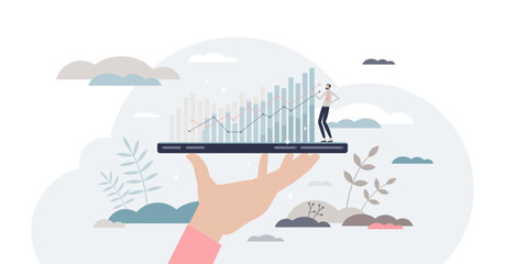 Increasing profit statistics with stock value improvement tiny person concept, transparent background. Business financial progress and development graphic illustration.