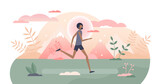 Fototapeta Panele - Running activity as male physical sport training exercise tiny person concept, transparent background. Trail run in outdoors as healthy workout in fresh air illustration.