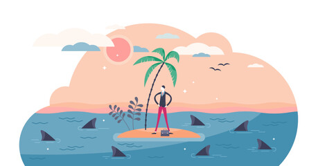 Wall Mural - Trapped businessman surrounded by sharks, flat tiny person illustration, transparent background. Aggressive market competition and risk assessment. Hesitation and anxious fear.