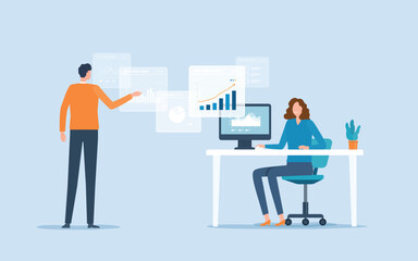 Aufkleber - flat vector  business people team meeting for analytics and monitoring  business graph report dashboard concept and business finance investment planning.