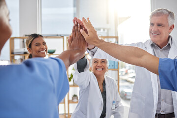Aufkleber - Success, high five or nurses in meeting for a strategy, goals or working in hospital for healthcare. Hands together, team building or group of happy doctors with a target mission planning ideas