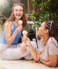 Poster - Friends eating ice cream, happy with dessert outdoor and travel with freedom, snack and smile while on holiday. Diversity, happiness and eat gelato, summer and together with women bonding in Italy