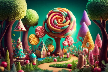 Poster - candy forest with lollipops and trees. Generative AI.