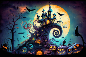 Canvas Print - An image of halloween house with pumpkins and bats. Generative AI.