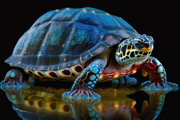 Poster - white spots may be seen on the upper shell of this male red eared slider, who is a year old (carapac