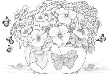 Sticker - Coloring book with beautiful flowers, suitable for both adults and kids. The potted primrose is lush, and butterflies flit around it. Generative AI