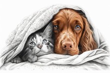 A Young English Cocker Spaniel Cuddles With A Kitten. At Home, Pets Cuddle Up Together Under A Warm White Blanket On The Bed. Generative AI