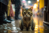 Fototapeta Uliczki - Cat sitting on the ground in the rain. Generative AI.