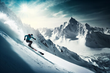 Poster - Person skiing down the side of mountain. Generative AI.