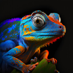 Wall Mural - Colorful chamelon lizard sitting on top of leaf. Generative AI.