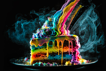 Poster - Colorful cake with smoke coming out of it. Generative AI.