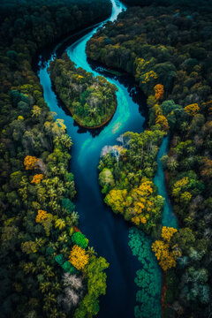 An aerial view of river surrounded by trees. Generative AI.