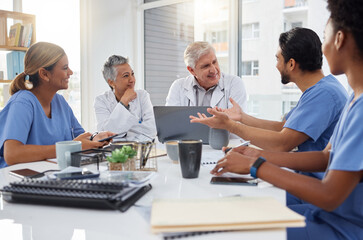 Wall Mural - Collaboration, planning or nurses in meeting for a strategy or working in hospital for healthcare together. Team, medical research or senior doctors talking, speaking or helping innovation or ideas